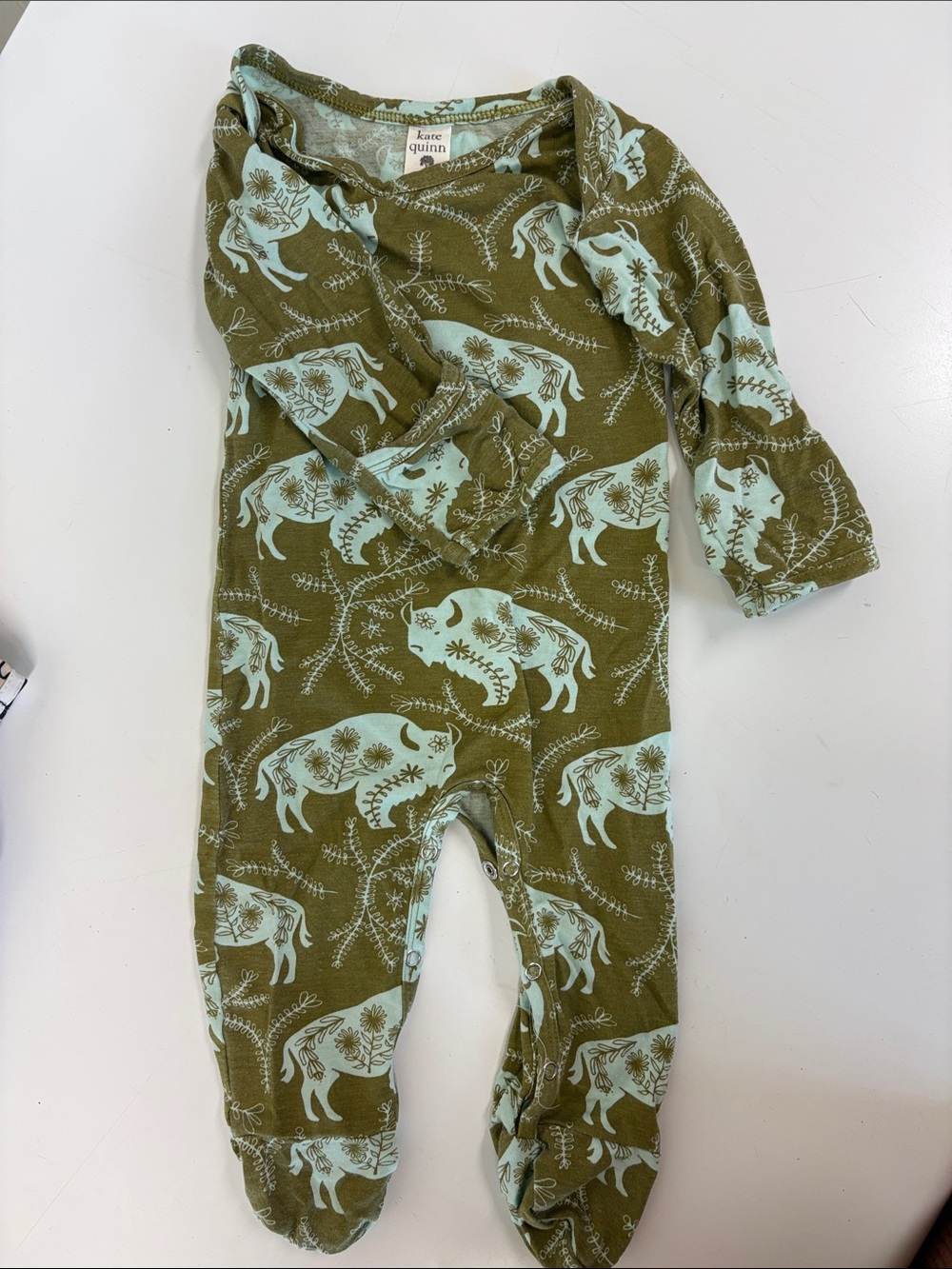 Kate Quinn Olive & Mint Buffalo Print Footed Romper
